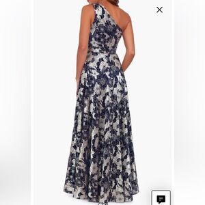 Betsy & Adam Metallic Floral One-Shoulder Gown - Navy & Gold